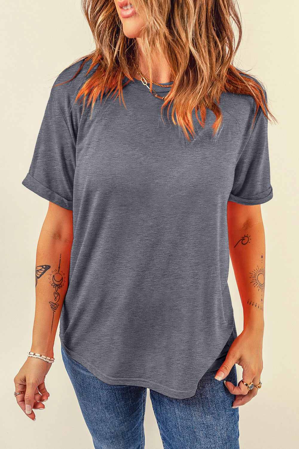 Black Casual Plain Crew Neck Tee