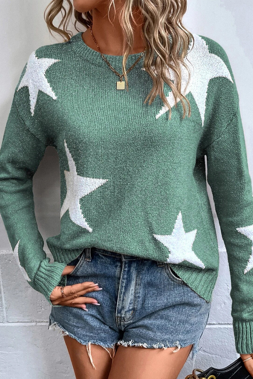 Gray Star Pattern Drop Shoulder Sweater