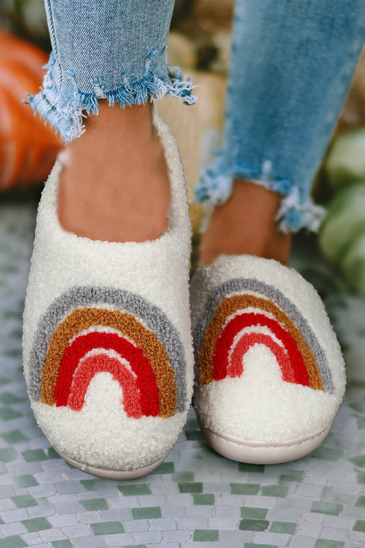 Bright White Rainbow Plush Winter Home Slippers