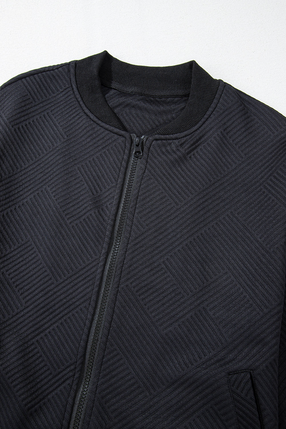 Black Solid Textured Stand Neck Zipper Bomber Jacket