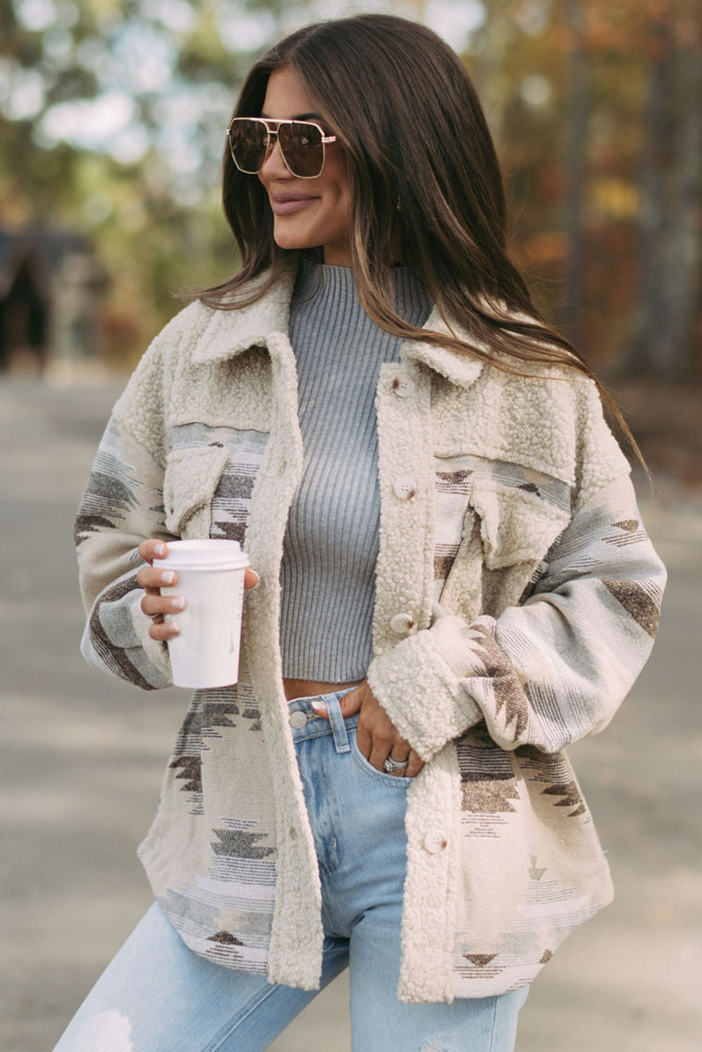 Pink Western Aztec Print Sherpa Splicing Buttoned Flap Pocket Coat