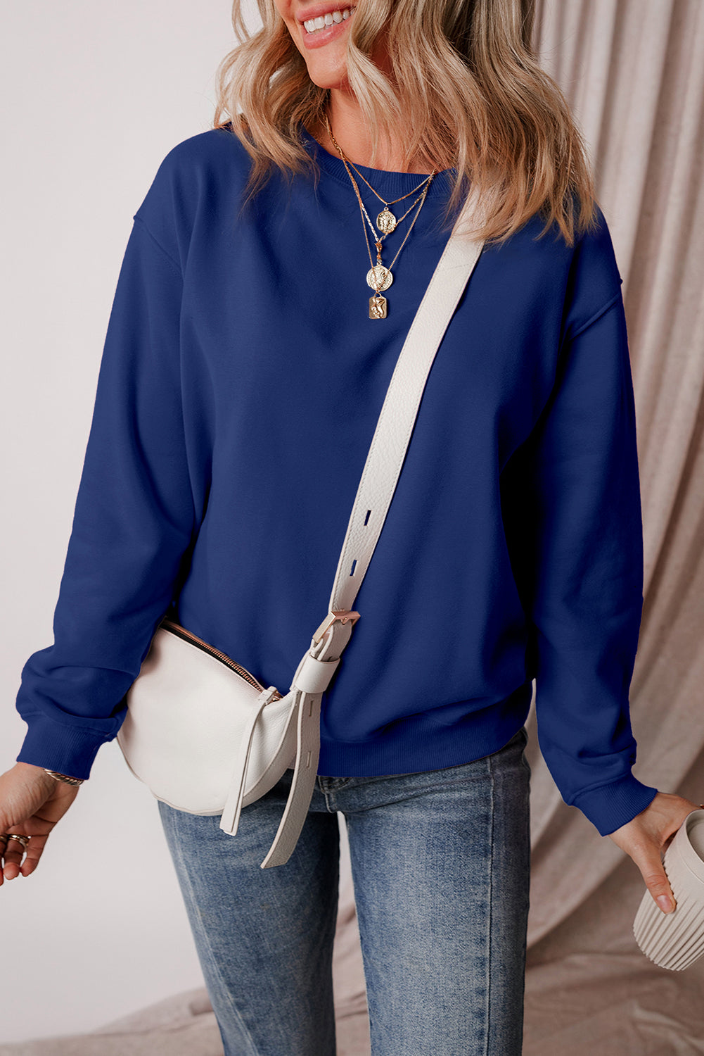 Bonbon Solid Fleece Lined Drop Shoulder Terry Sweatshirt