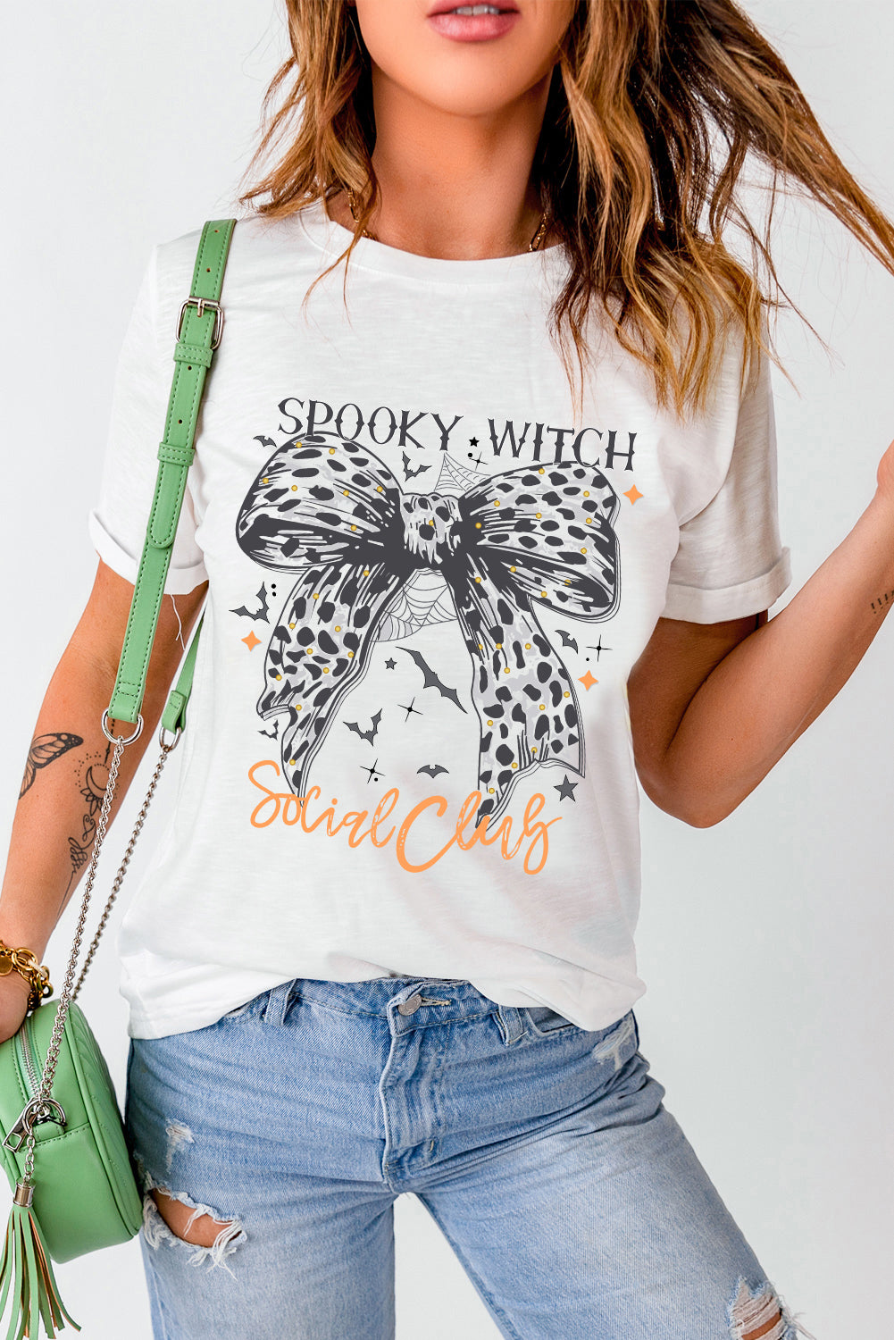 White SPOOKY WITCH Leopard Bowknot Bat Graphic Halloween T Shirt