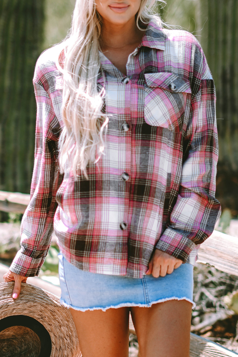 Pink Plaid Flap Pocket Button Up Shacket