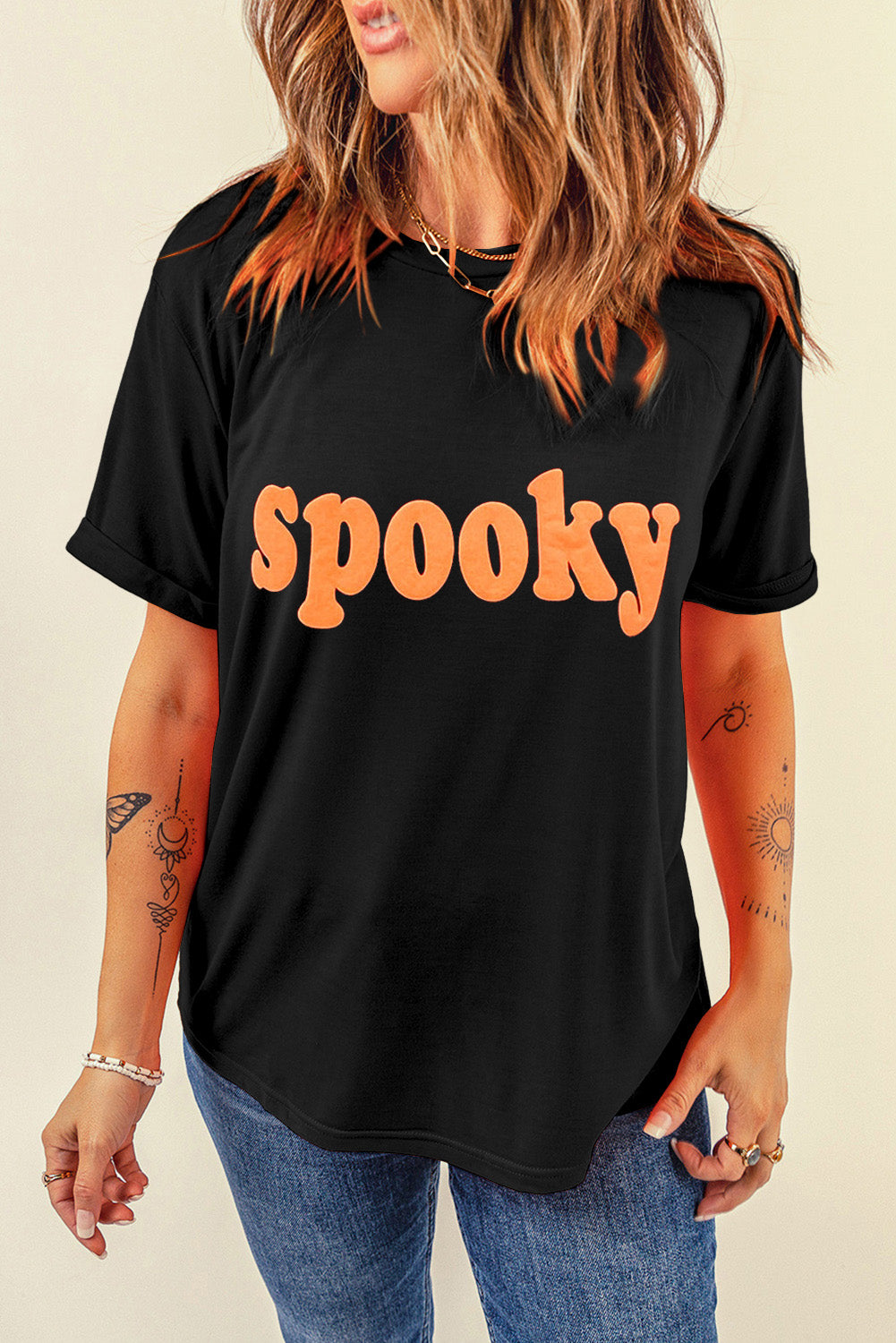 Black Halloween Spooky Crew Neck Casual Graphic Tee