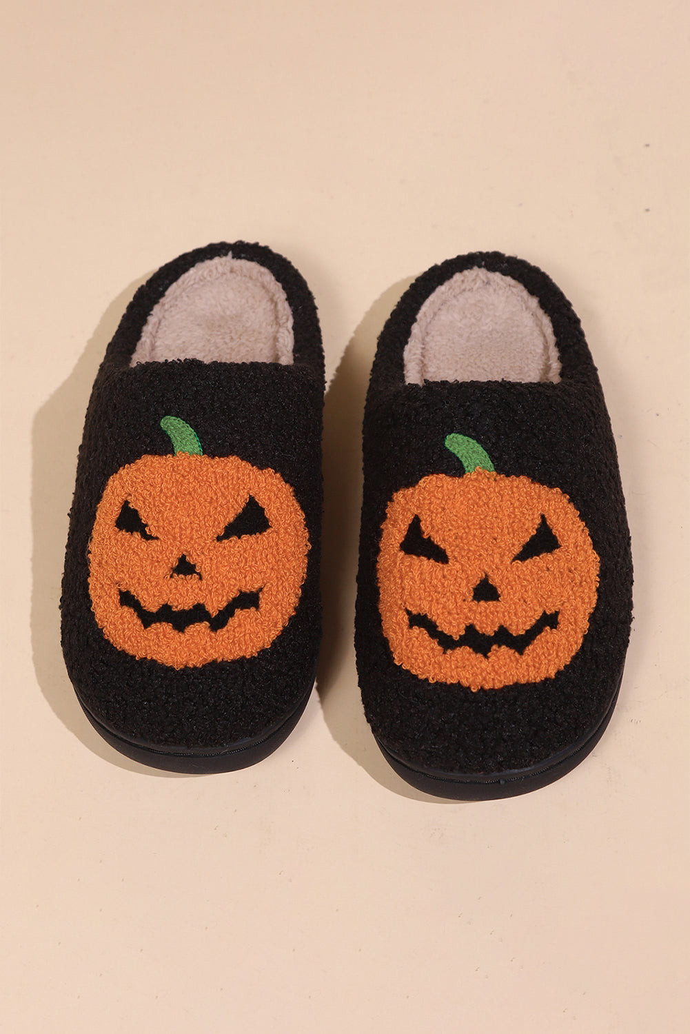 White Halloween Pumpkin Print Plush Slippers (Runs Small, Size Up)