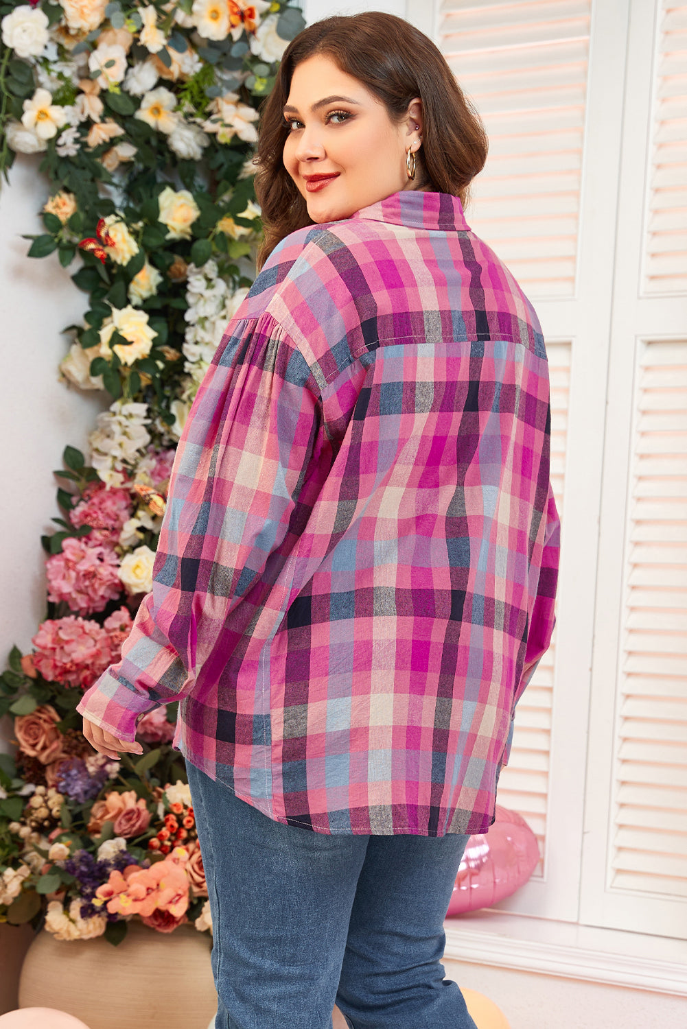 Rose Stripe Plus Size Checkered Print Button up Shirt