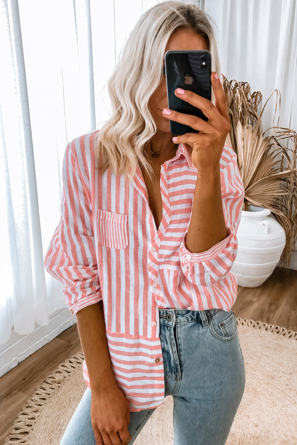 Pink Stripe Buttoned Long Sleeve Casual Shirt