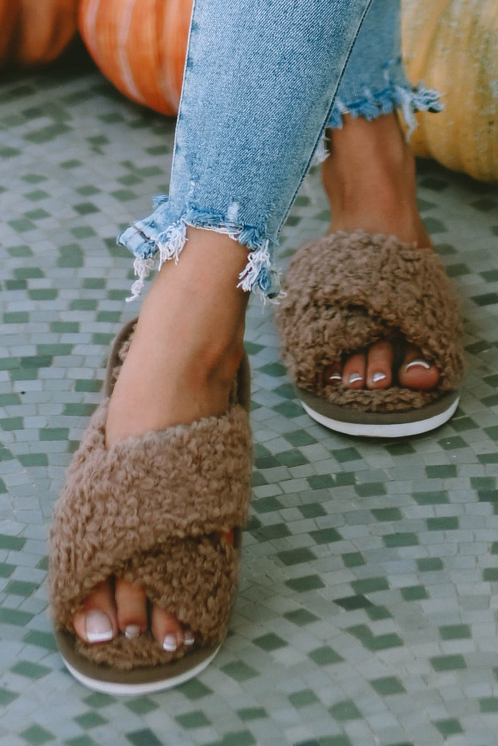 Brown Teddy Fur Cross Straps Home Slippers