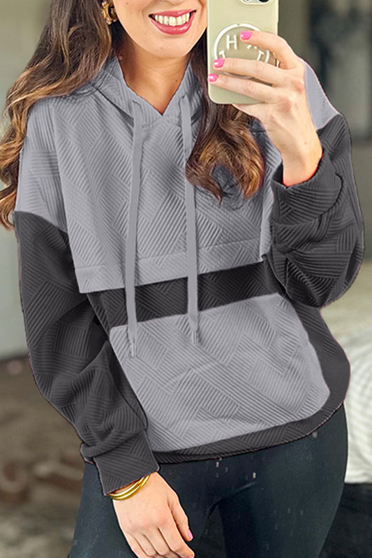 Gray Textured Color Block Kangaroo Pocket Drop Shoulder Hoodie