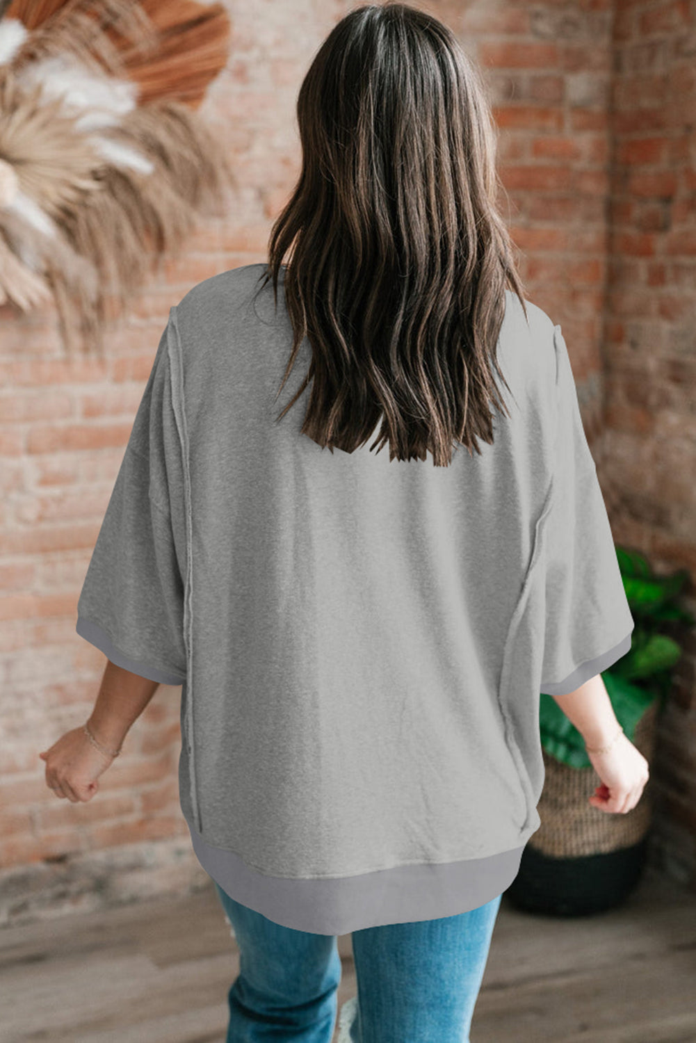 Light Grey Exposed Seam Chest Pocket Split Loose T Shirt