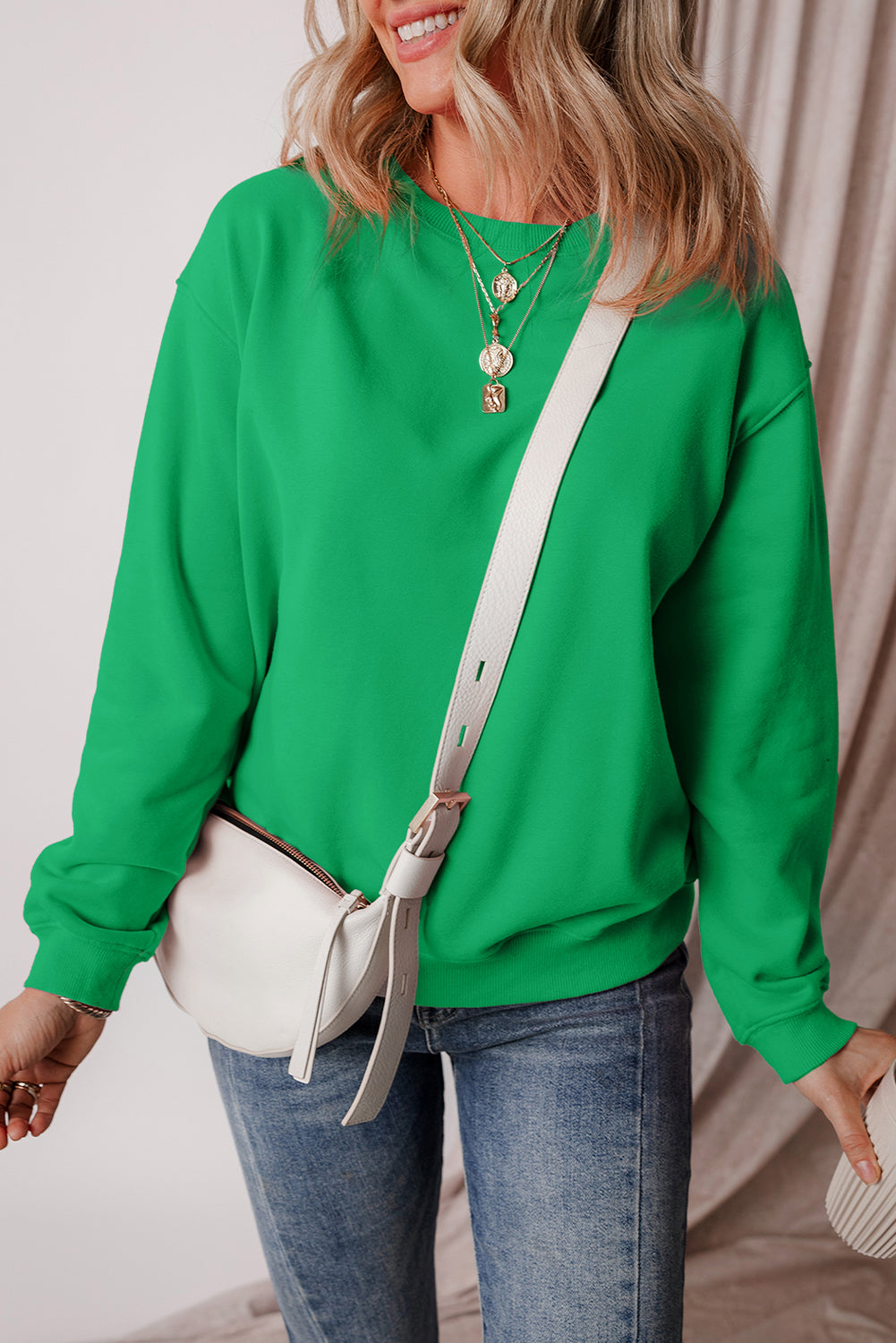 Bonbon Solid Fleece Lined Drop Shoulder Terry Sweatshirt