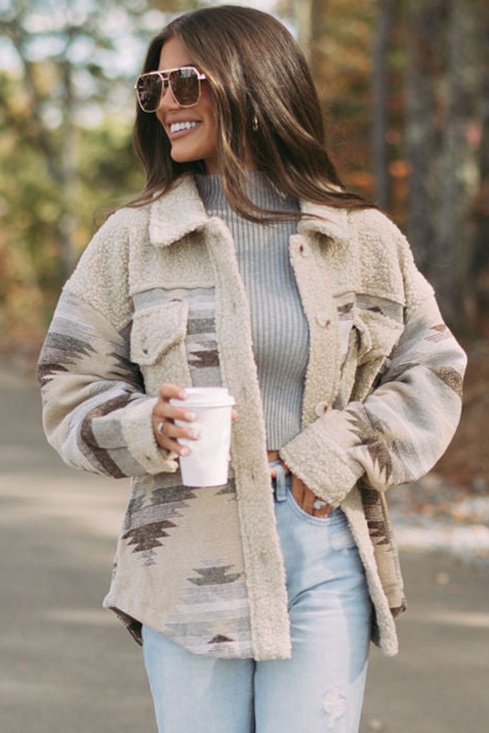 Pink Western Aztec Print Sherpa Splicing Buttoned Flap Pocket Coat